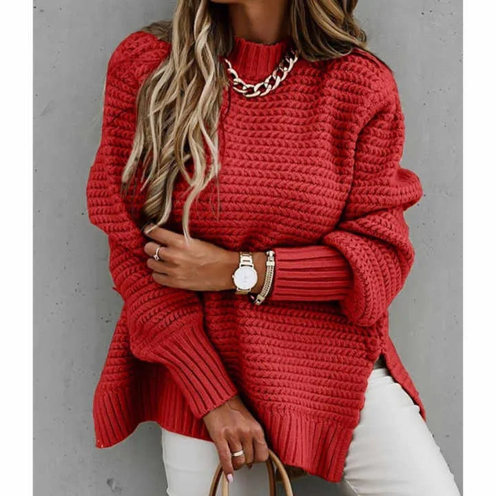 Flourishflawless Red / XXL Winter European and American Women's Half High Collar Knitted Sweater Solid Color with Side Split